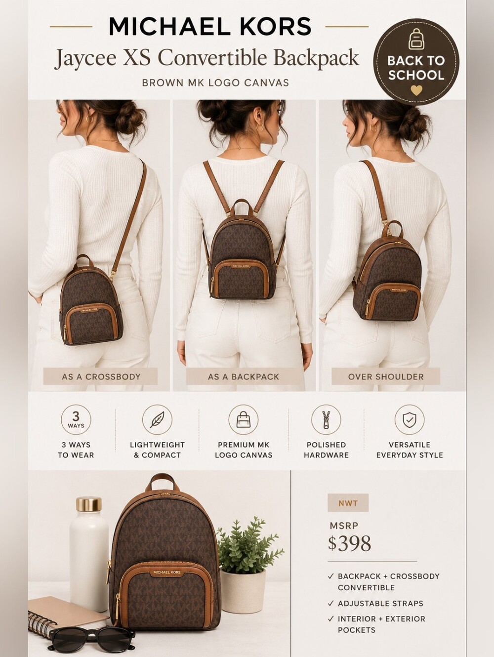 Michael Kors Jaycee XS Convertible Backpack Brown MK Logo Campus Bag